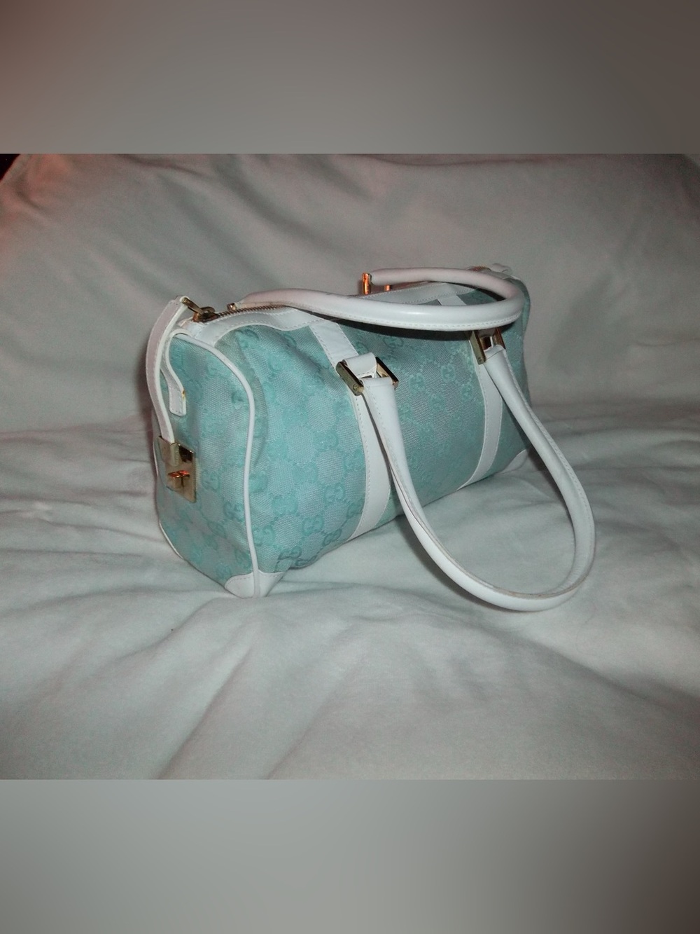 Gucci Mint Teal Monogram Canvas and White Leather Boston Shoulder Bag